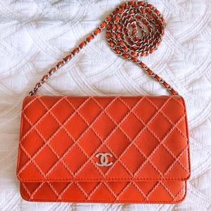 SOLD***CHANEL stitch chain wallet Coral Red